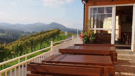 Großzügige Sonnenterrasse mit gemütlichen Sitzgelegenheiten und traumhaftem Panoramablick über Weinberge und die umliegende Berglandschaft