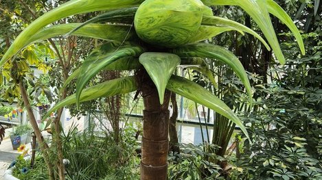 Grüne Glaspflanzenskulptur in Form einer Palme, eingebettet in eine üppige tropische Gartenlandschaft
