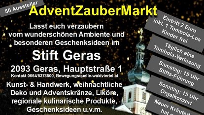 Ein Werbeplakat für den „AdventZauberMarkt“ in St. Geras mit Kunsthandwerk, regionalen Produkten, Geschenkideen und festlichem Rahmenprogramm 