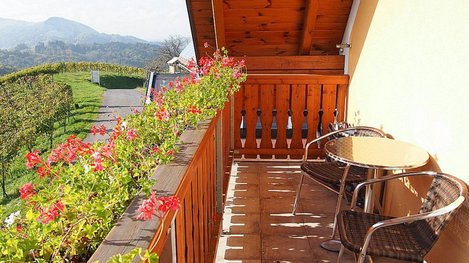 Blumengeschmückter Balkon mit gemütlicher Sitzgelegenheit und herrlichem Panoramablick über die Weinberge und die umliegende Hügellandschaft